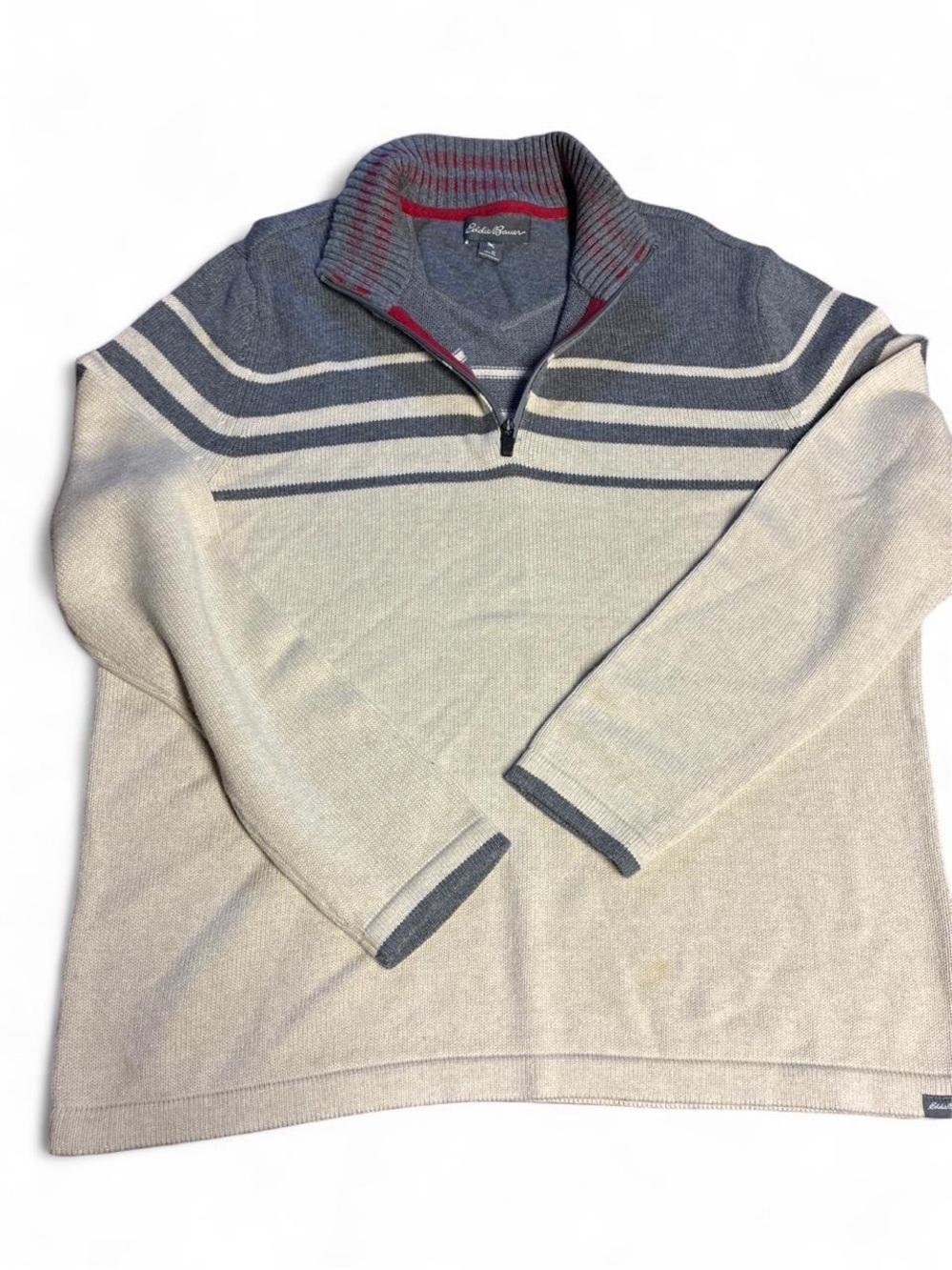Eddie Bauer Cream and Gray Striped Quarter-Zip Sweater with Red Collar Accent